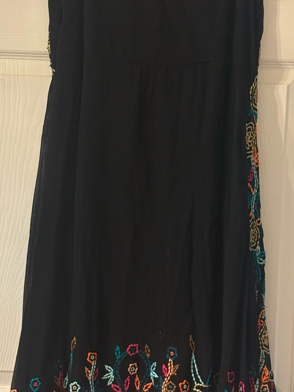 Black Embroidered Boho Maxi Skirt with Multicolor Floral Hand Stitching - Picture 2 of 5